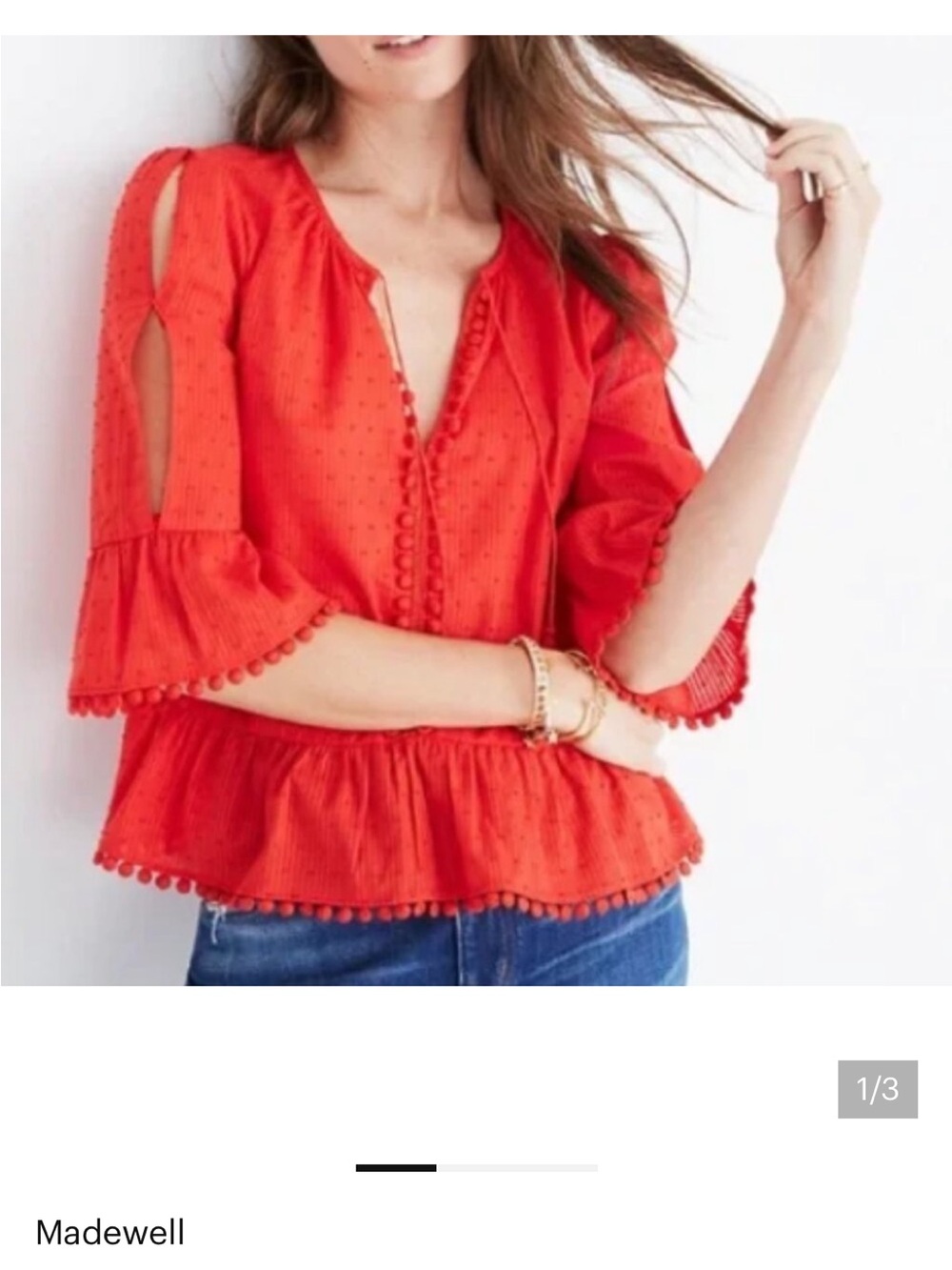 Madewell Bright Red Pom-Pom Trim Peasant Top